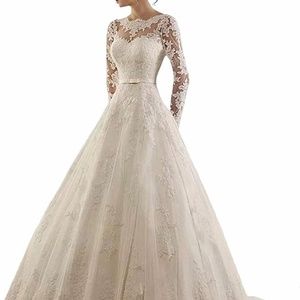 Wedding gown -ball gown style with lace sleeves , lace up back